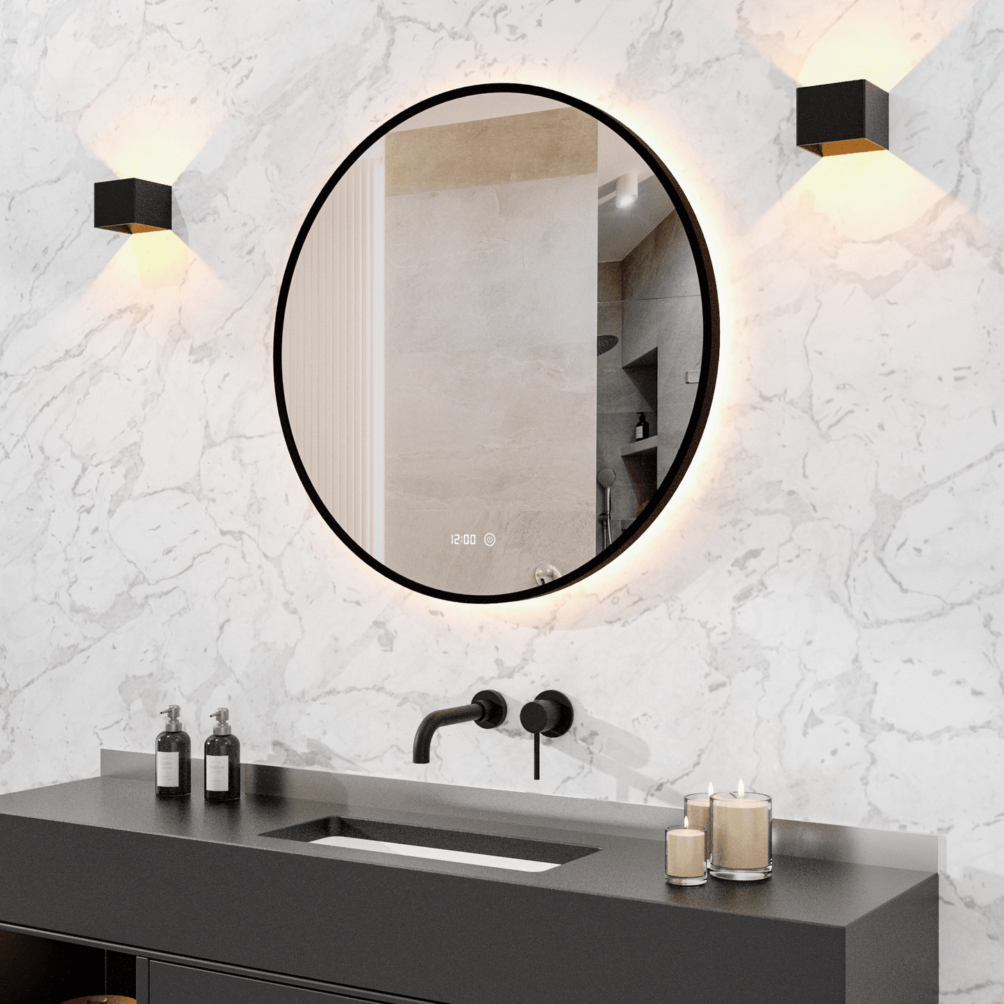 Badkamerspiegel Rond Mat Zwart 80 cm - Anti-Condens & Dimbaar Led