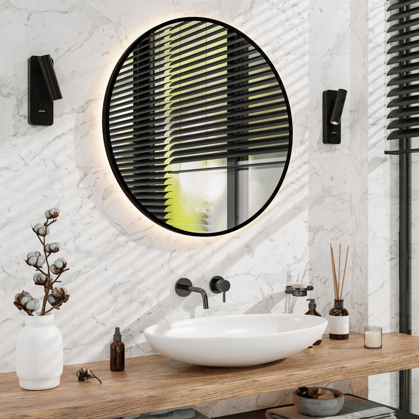 Badkamerspiegel Rond Mat Zwart 80 cm - Anti-Condens & Dimbaar Led