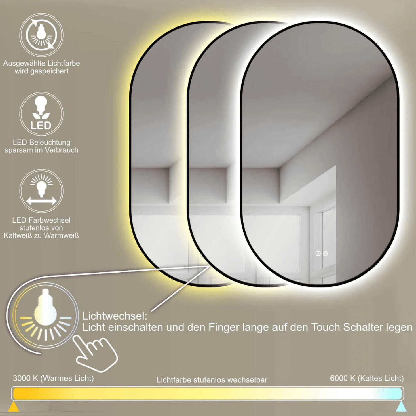 Badkamerspiegel Ovaal Zwart 50 x 90 cm – Anti-Condens & Led Horizontaal/Verticaal