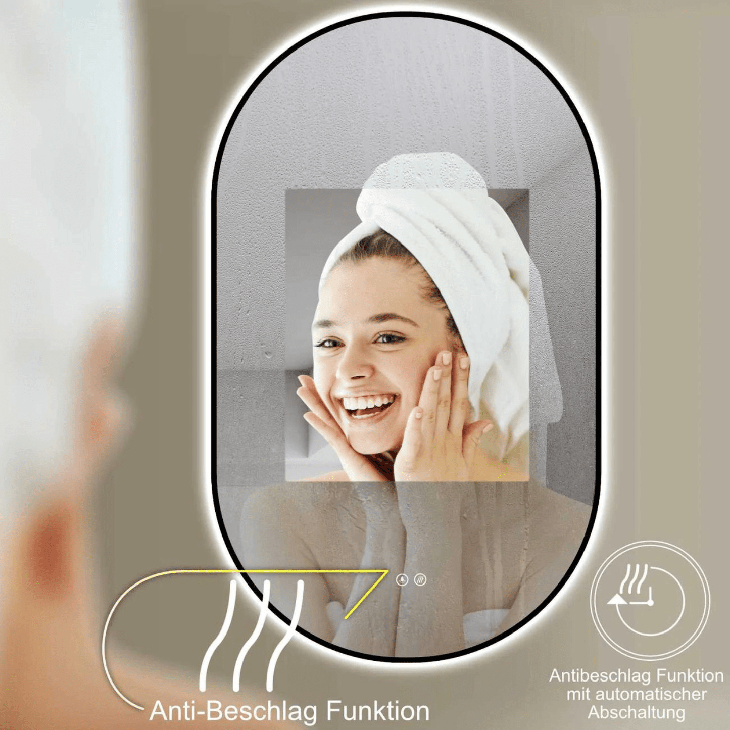 Badkamerspiegel Ovaal Zwart 60 x 100 cm – Anti-Condens & Led Horizontaal/Verticaal