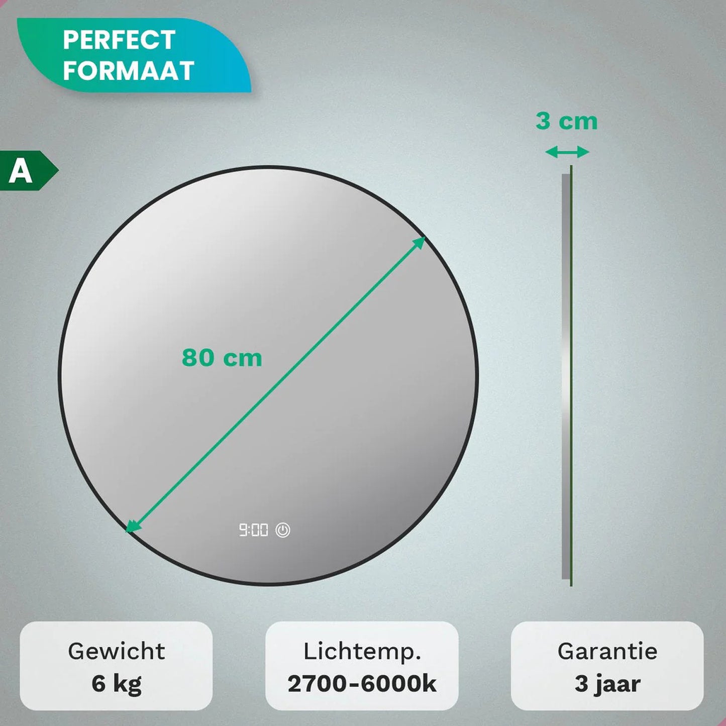 Badkamerspiegel Rond Mat Zwart 80 cm - Anti-Condens & Dimbaar Led