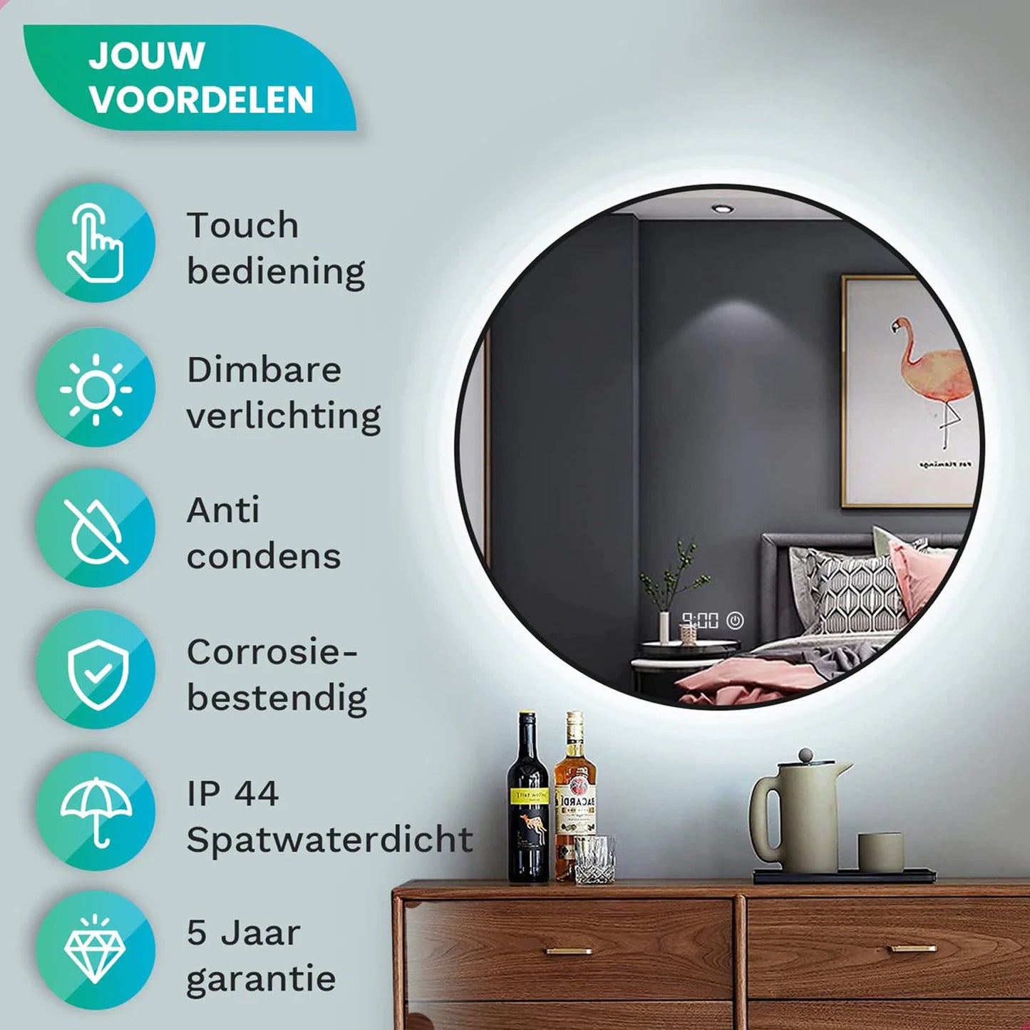 Badkamerspiegel Rond Mat Zwart 80 cm - Anti-Condens & Dimbaar Led