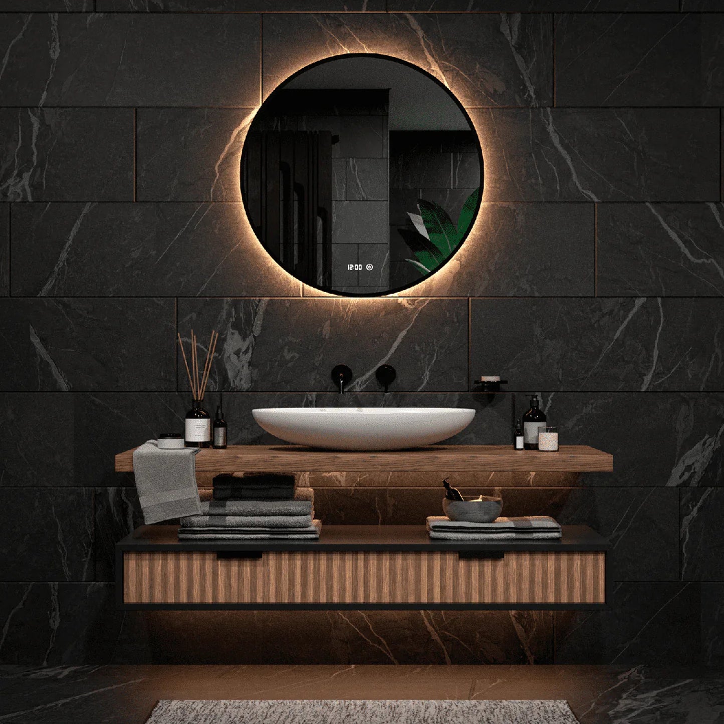 Badkamerspiegel Rond Mat Zwart 80 cm - Anti-Condens & Dimbaar Led