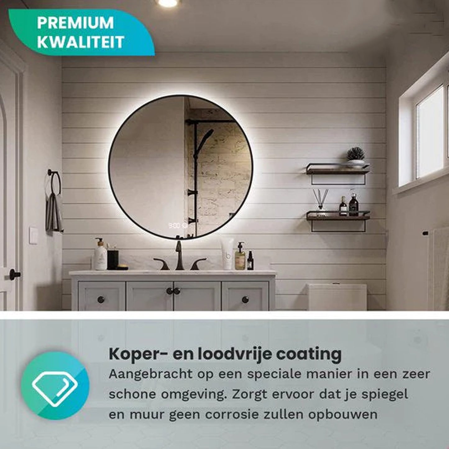 Badkamerspiegel Rond Mat Zwart 80 cm - Anti-Condens & Dimbaar Led