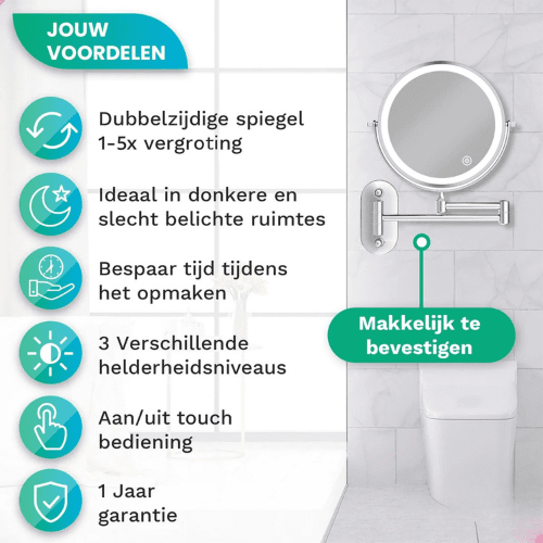 Make-Up Spiegel Wand Led Verlichting - 5x Vergroot - Chroom - Oplaadbaar