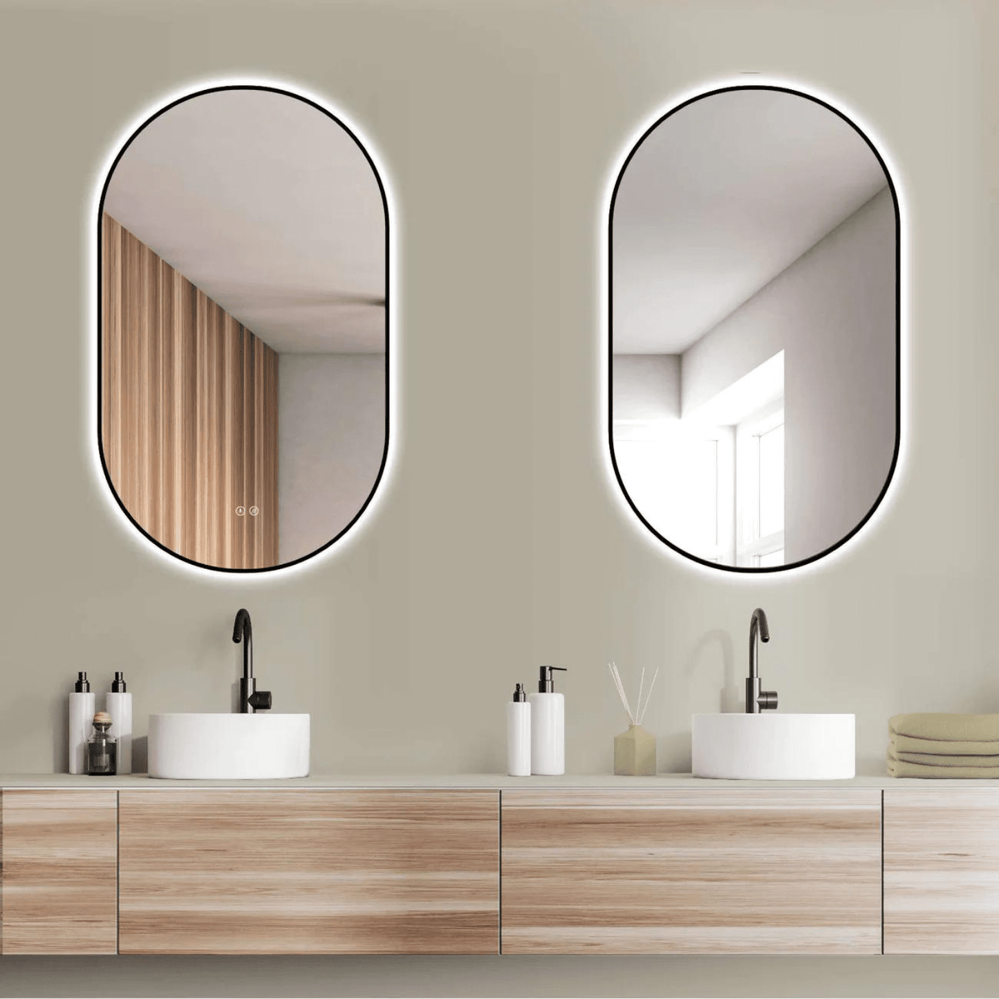 Badkamerspiegel Ovaal Zwart 45 x 75 cm – Anti-Condens & Led Horizontaal/Verticaal