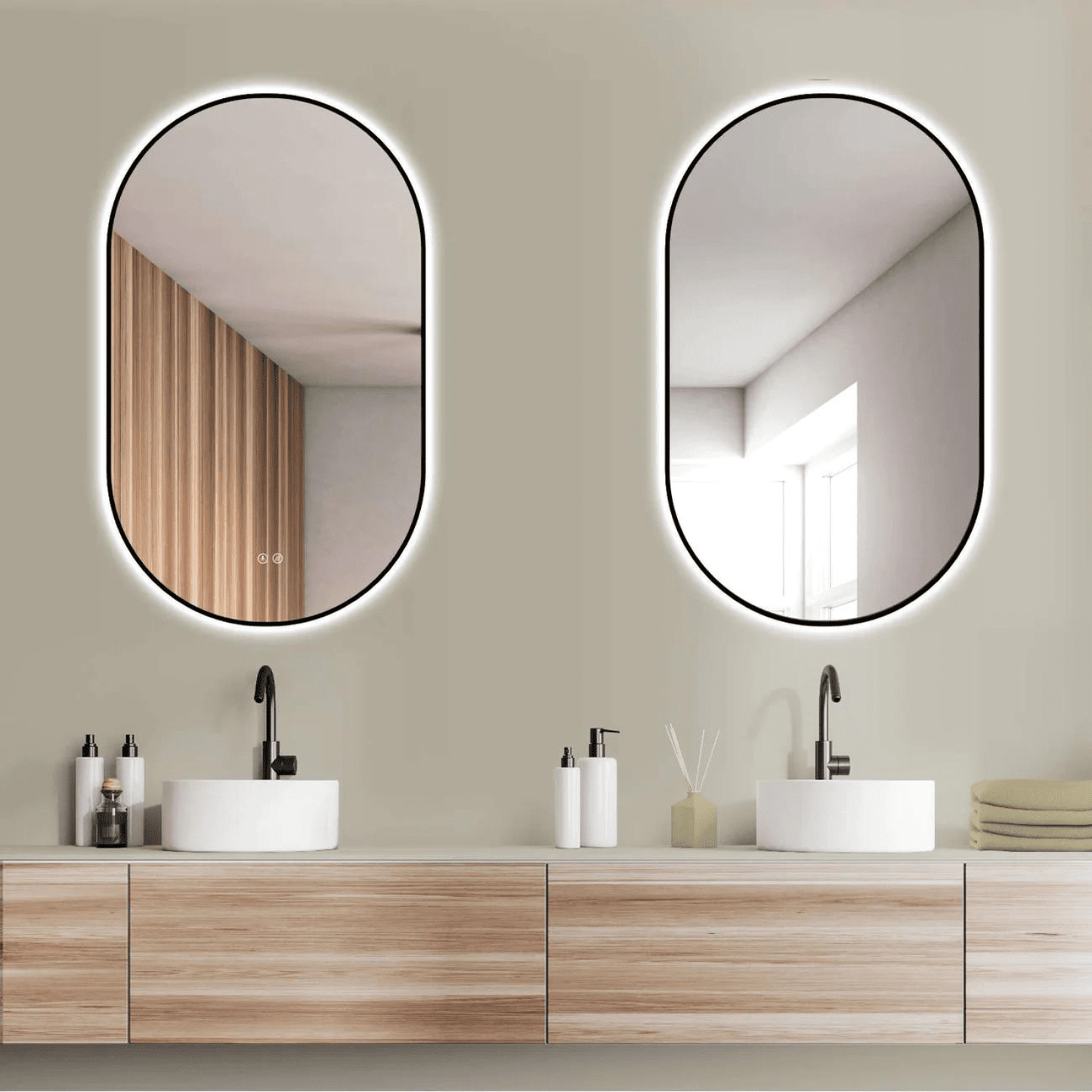 Badkamerspiegel Ovaal Zwart 50 x 90 cm – Anti-Condens & Led Horizontaal/Verticaal