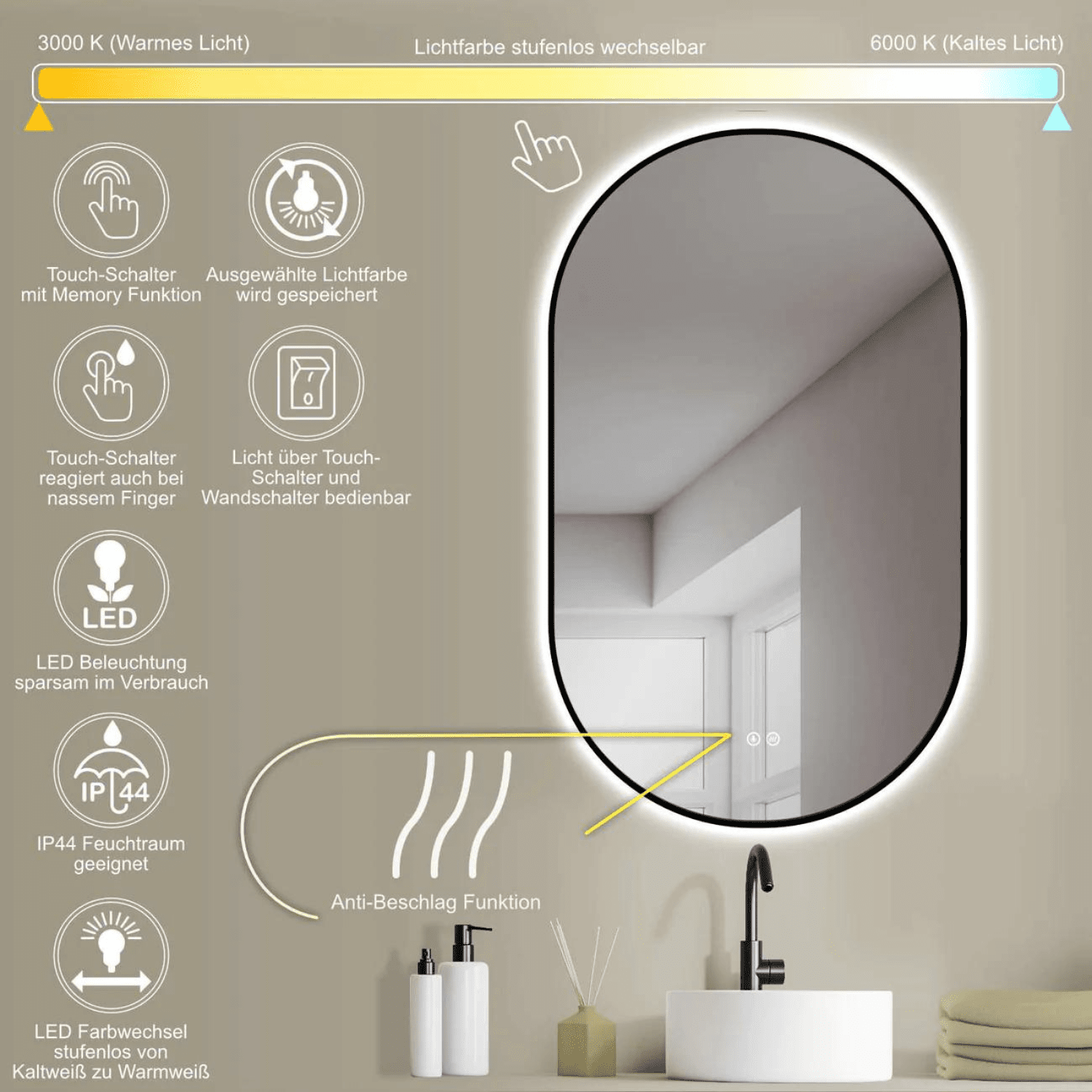 Badkamerspiegel Ovaal Zwart 45 x 75 cm – Anti-Condens & Led Horizontaal/Verticaal