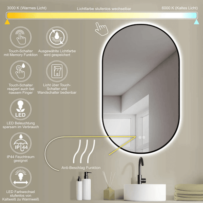 Badkamerspiegel Ovaal Zwart 45 x 75 cm – Anti-Condens & Led Horizontaal/Verticaal