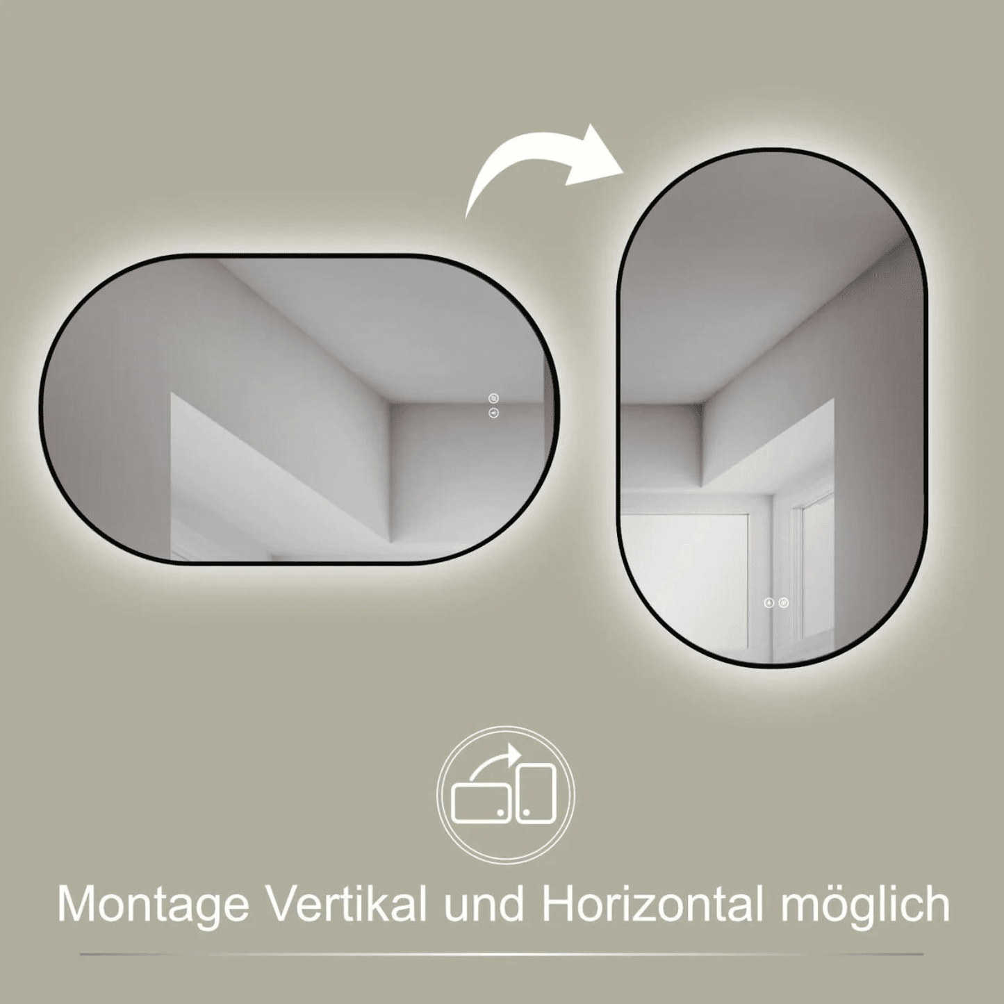 Badkamerspiegel Ovaal Zwart 45 x 75 cm – Anti-Condens & Led Horizontaal/Verticaal