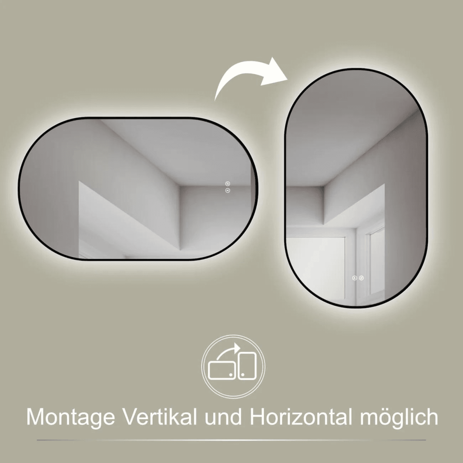 Badkamerspiegel Ovaal Zwart 45 x 75 cm – Anti-Condens & Led Horizontaal/Verticaal