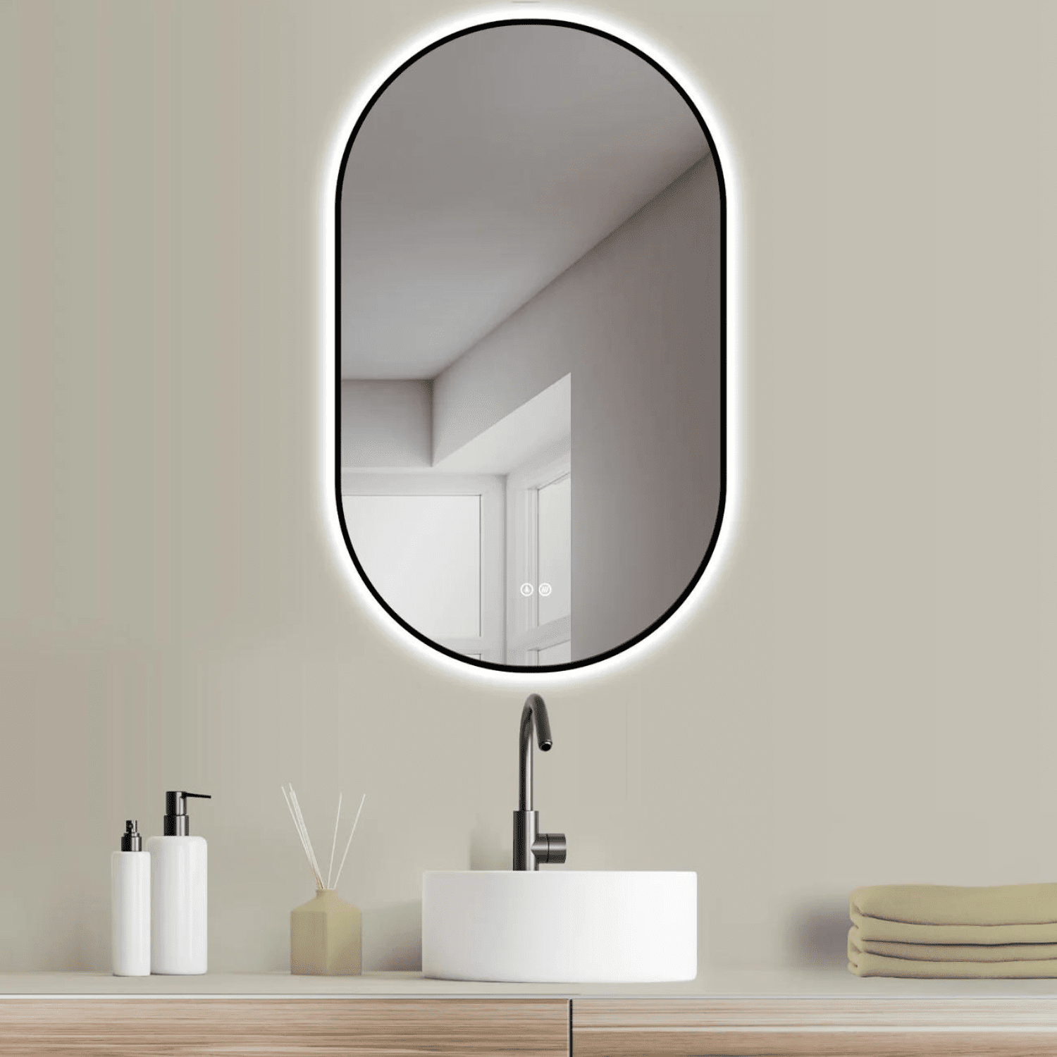 Badkamerspiegel Ovaal Zwart 45 x 75 cm – Anti-Condens & Led Horizontaal/Verticaal