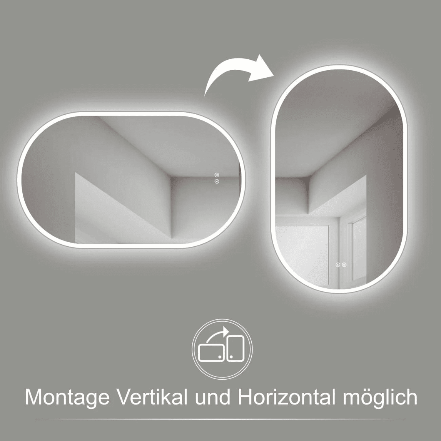 Badkamerspiegel Ovaal 50 x 90 cm – Anti-Condens & Inbouw Led Horizontaal/Verticaal