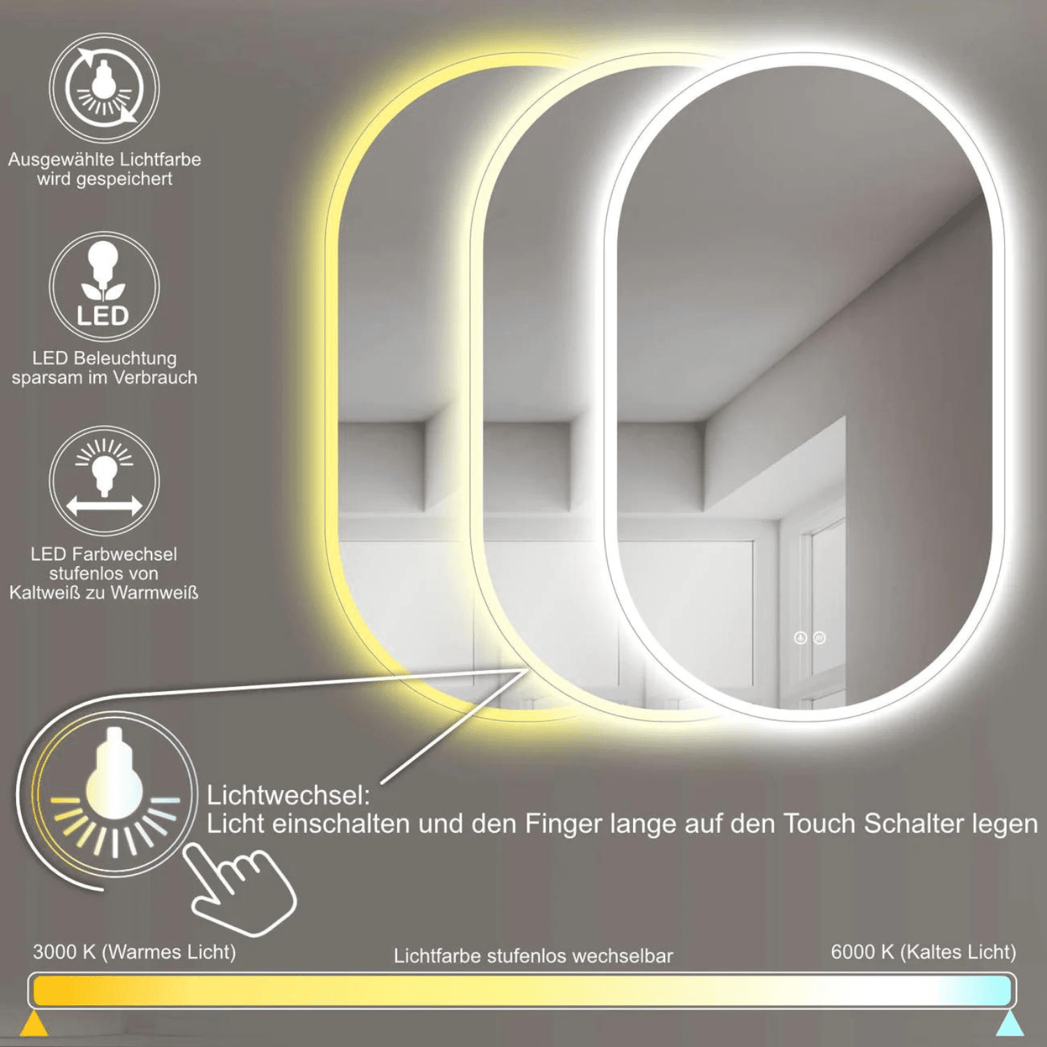 Badkamerspiegel Ovaal 50 x 90 cm – Anti-Condens & Inbouw Led Horizontaal/Verticaal