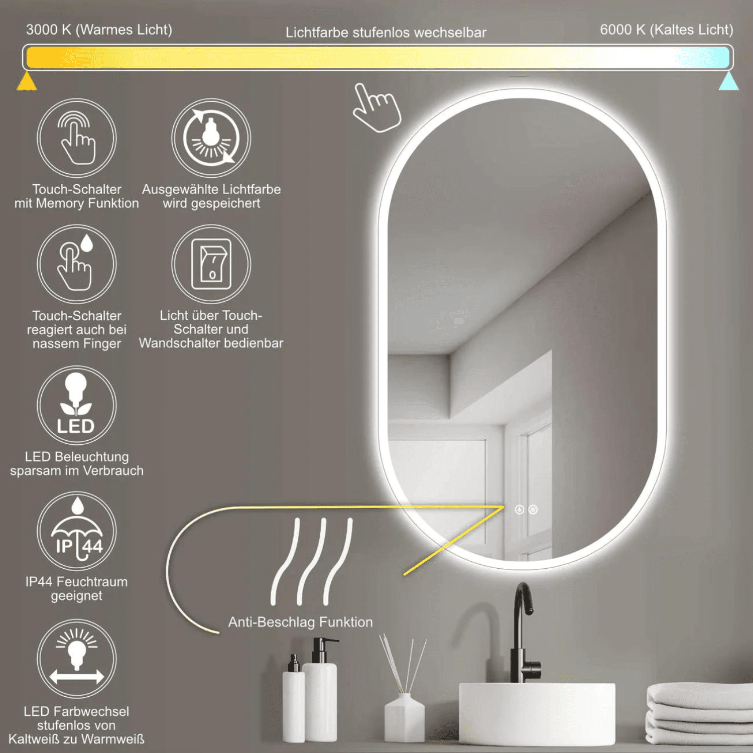 Badkamerspiegel Ovaal 50 x 90 cm – Anti-Condens & Inbouw Led Horizontaal/Verticaal