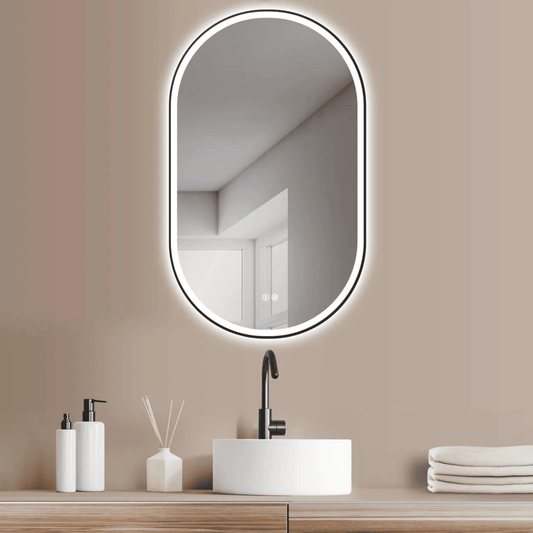 Badkamerspiegel Ovaal Zwart 50 x 90 cm – Anti-Condens & Inbouw Led Horizontaal/Verticaal
