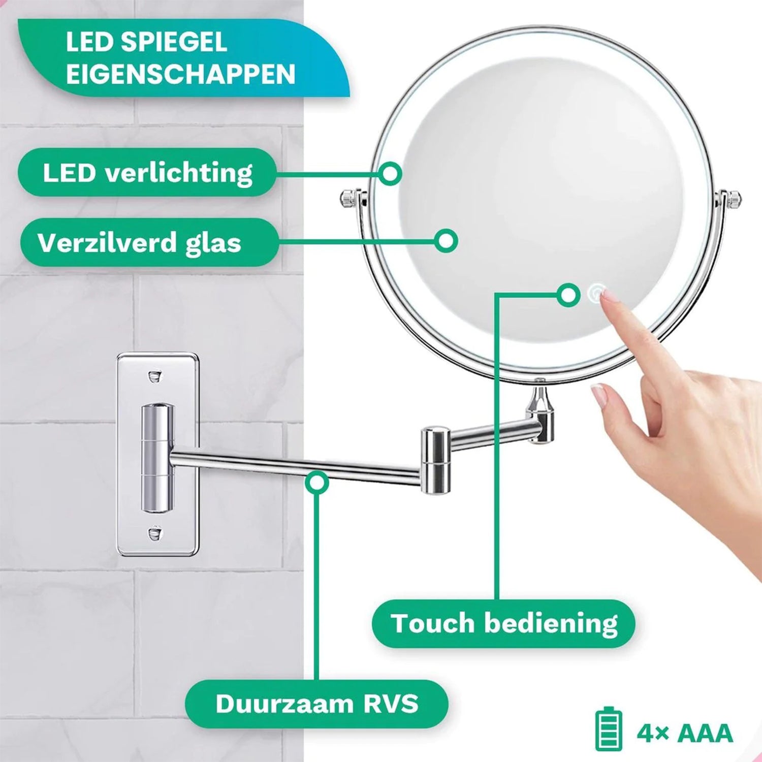 Make-Up Spiegel Wand Led Verlichting - 5x Vergroot - Chroom - Batterijen