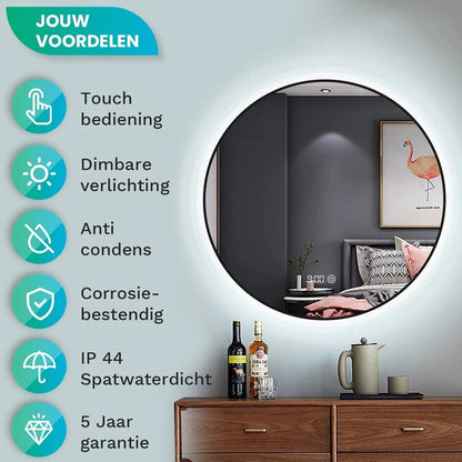 Badkamerspiegel Rond Mat Zwart 60 cm - Anti-Condens & Dimbaar Led