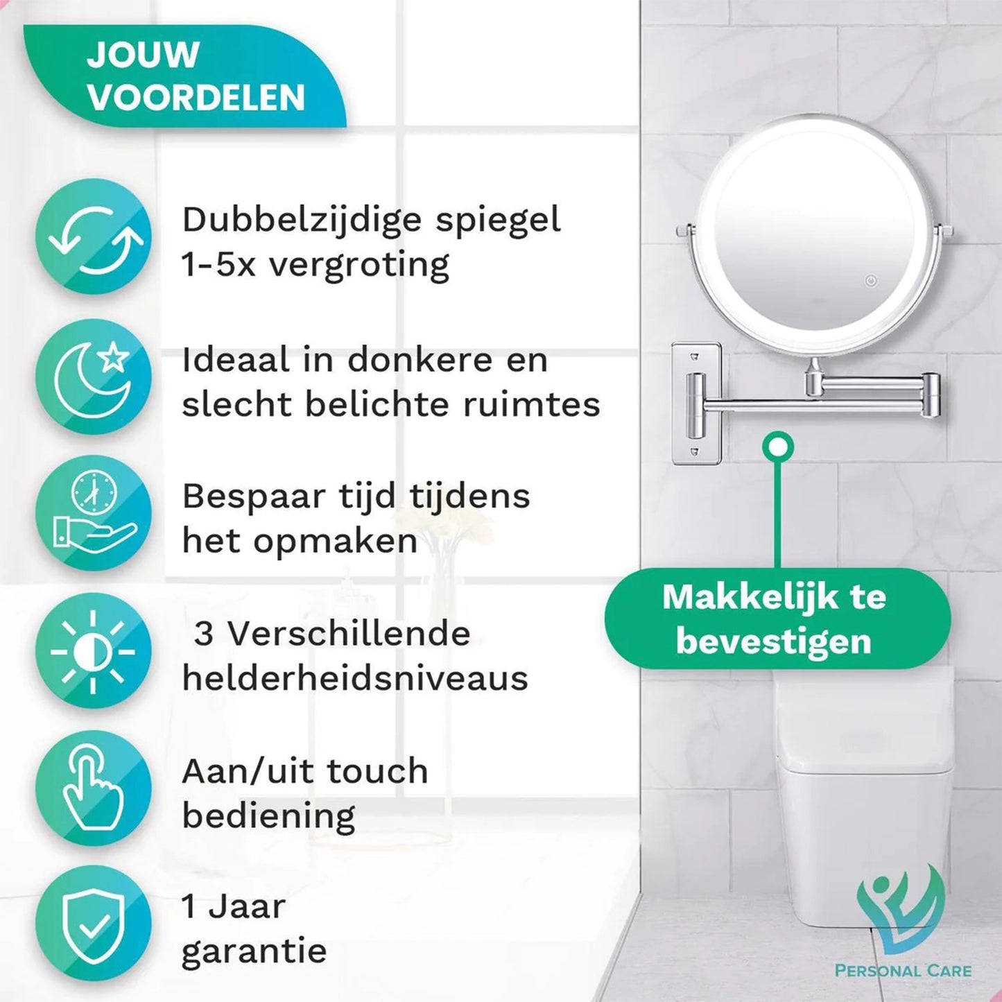 Make-Up Spiegel Wand Led Verlichting - 5x Vergroot - Chroom - Batterijen