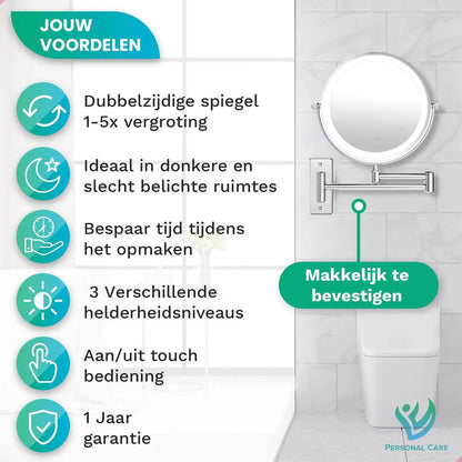 Make-Up Spiegel Wand Led Verlichting - 5x Vergroot - Chroom - Batterijen