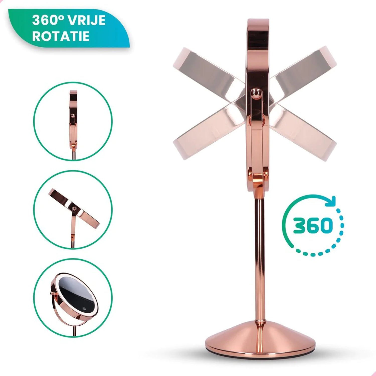 Make-Up Spiegel Staand Led Verlichting - 10x Vergroot - Rosé Goud - Oplaadbaar