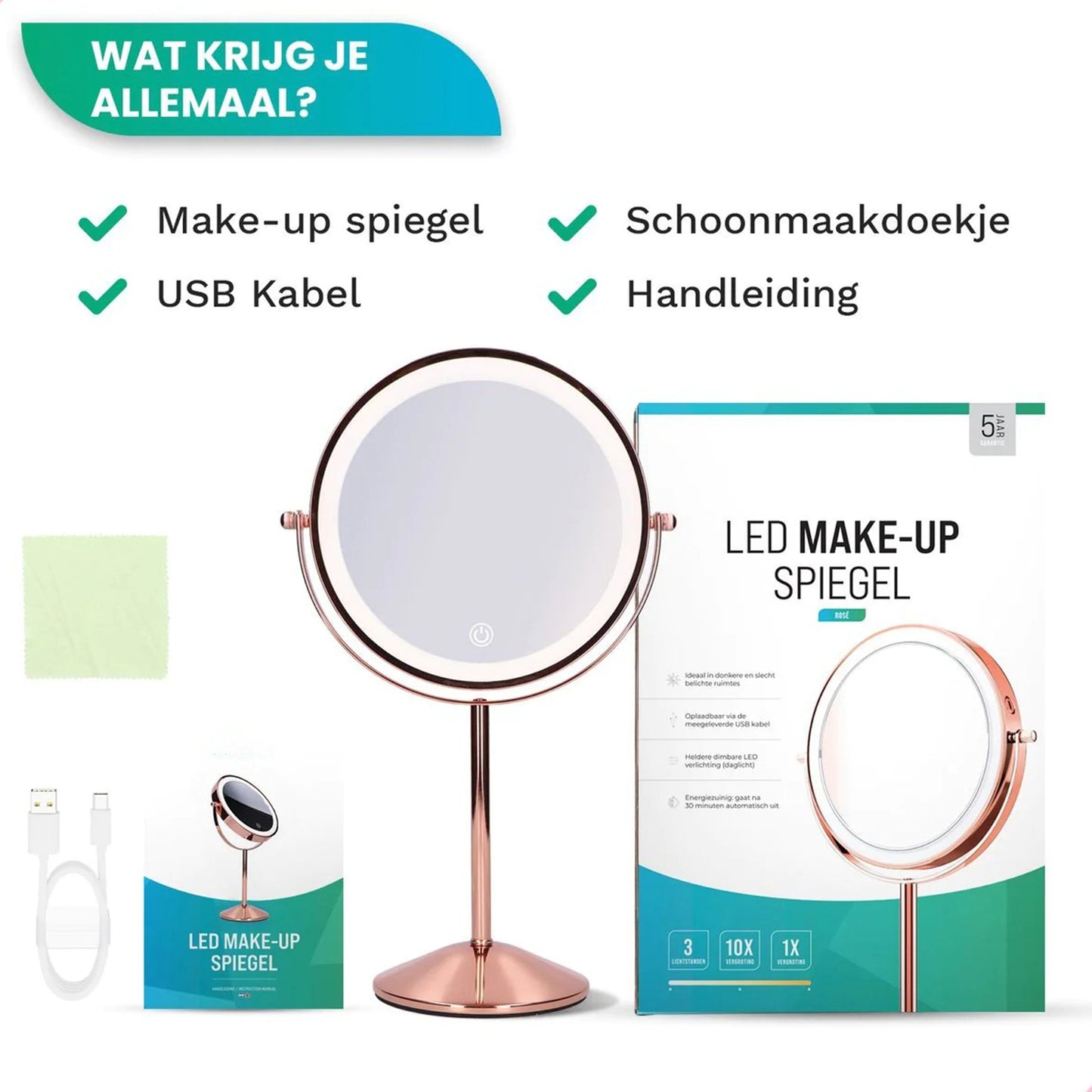 Make-Up Spiegel Staand Led Verlichting - 10x Vergroot - Rosé Goud - Oplaadbaar