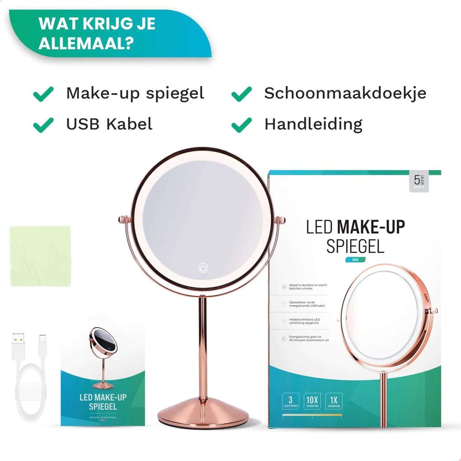 Make-Up Spiegel Staand Led Verlichting - 10x Vergroot - Rosé Goud - Oplaadbaar