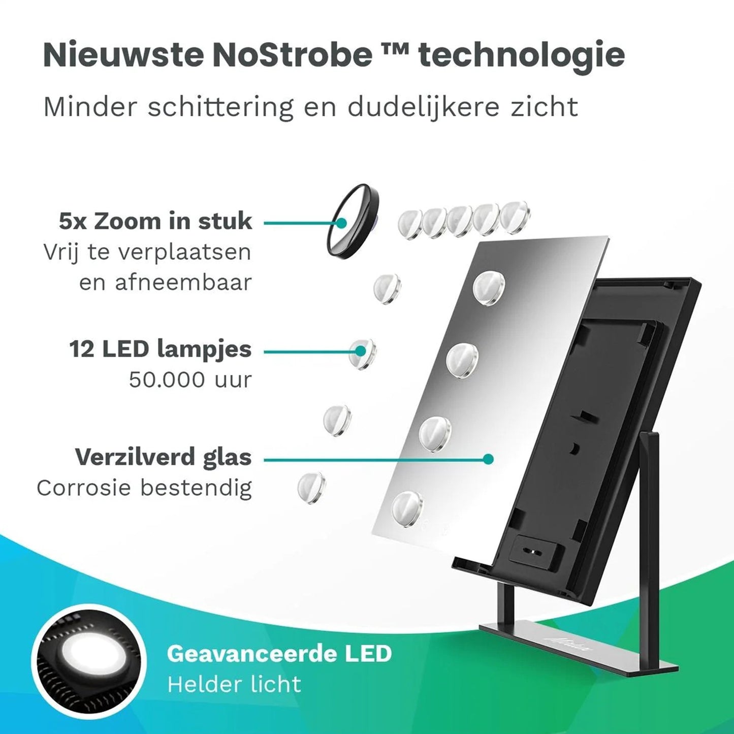 Make-Up Spiegel Hollywood Led Verlichting - 3 Dimbare LED Verlichting - Zwart - 33 X 44 Cm