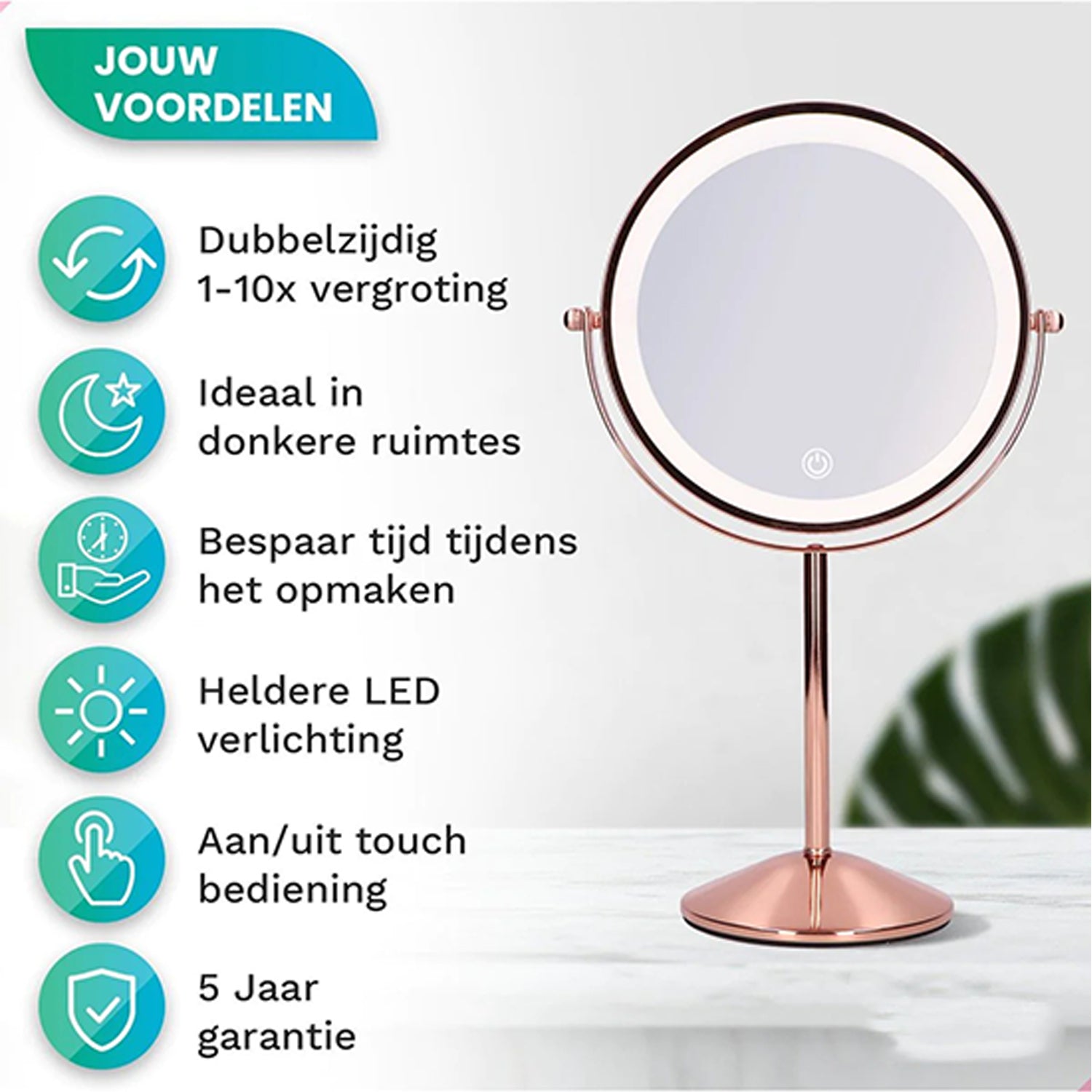 Make-Up Spiegel Staand Led Verlichting - 10x Vergroot - Rosé Goud - Oplaadbaar