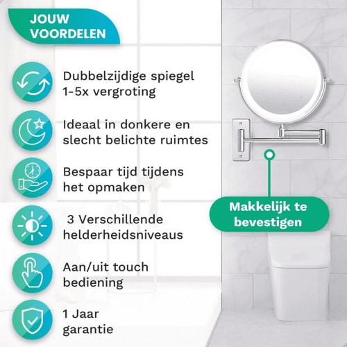 Make-Up Spiegel Wand Led Verlichting - 5x Vergroot - Chroom - Batterijen