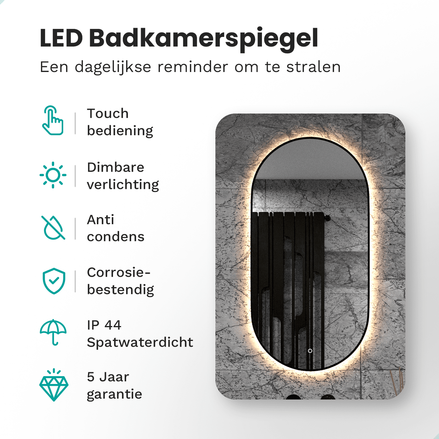 Badkamerspiegel - 100x50cm Ovaal - Zwart Frame