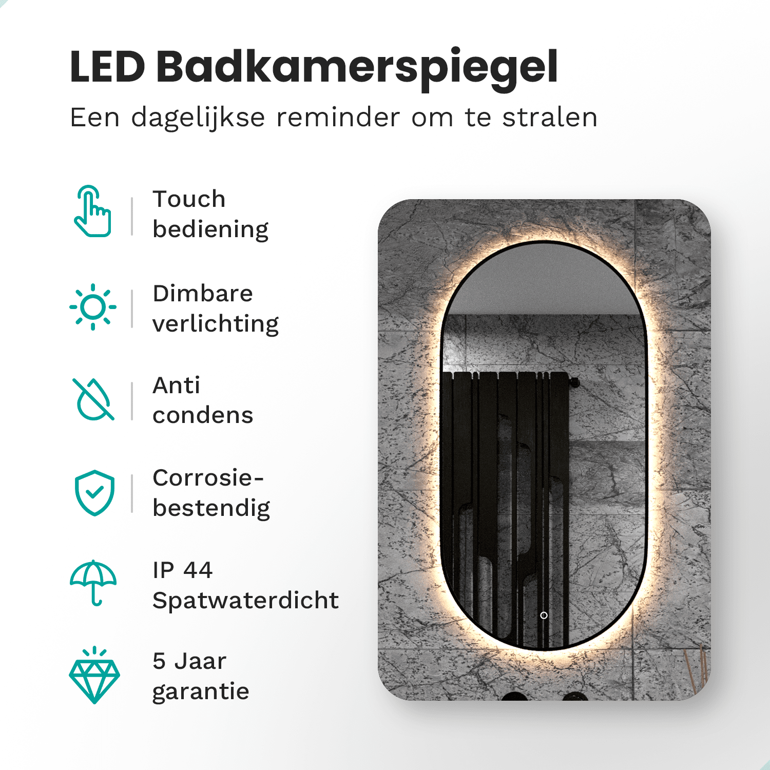 Badkamerspiegel - 100x50cm Ovaal - Zwart Frame