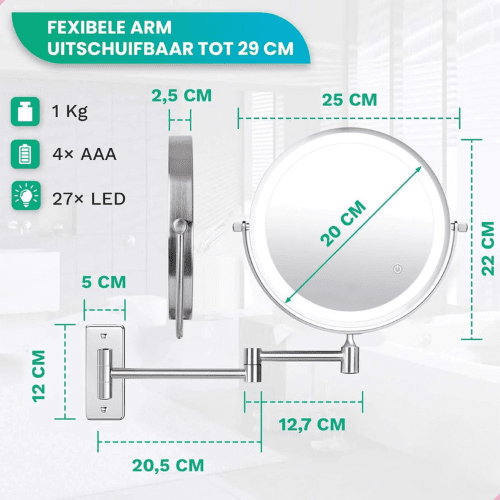 Make-Up Spiegel Wand Led Verlichting - 5x Vergroot - Chroom - Batterijen