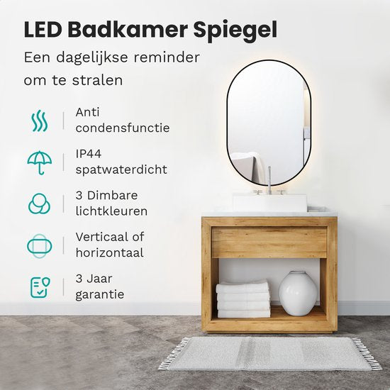 Badkamerspiegel Ovaal Zwart 60 x 90 cm - Anti-Condens & Dimbaar Led